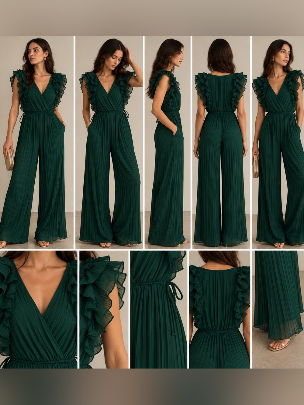 Green Pleated Ruffled V-Neck Wide-Leg Jumpsuit